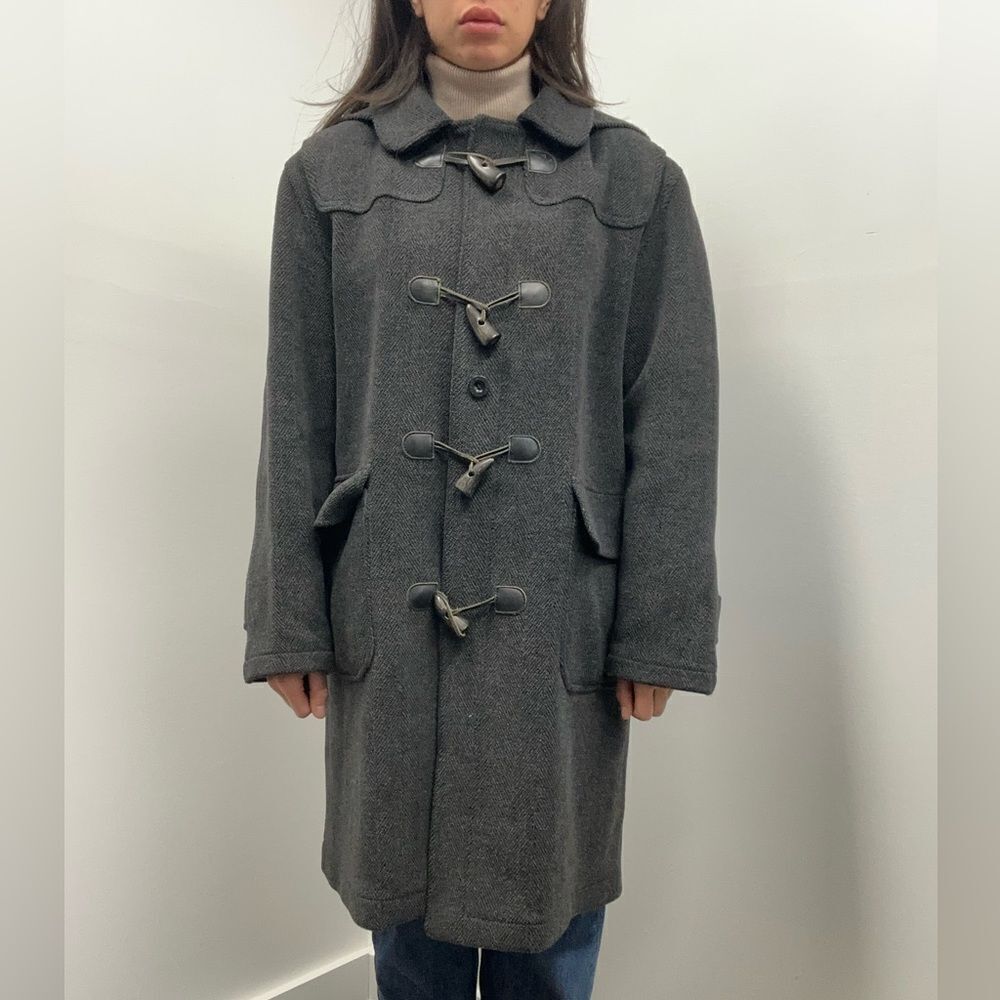 Vintage Mulberry London 90's Gray Wool Herringbone Hooded Toggle Pea Coat Size M - Picture 3 of 13
